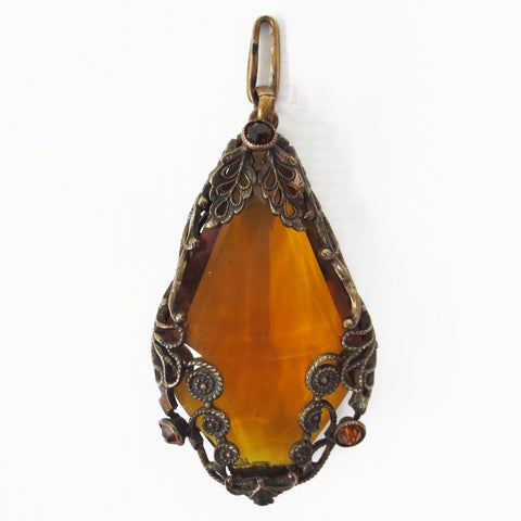 Vintage Art Deco Brass Filigree Pendant 2" with Large Amber Stone, Ornate Flowers