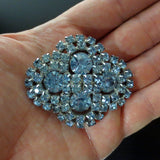 Vintage Evening Dress Brooch 2 1/4" with Light Blue Glass Stones, Silver Rhodium