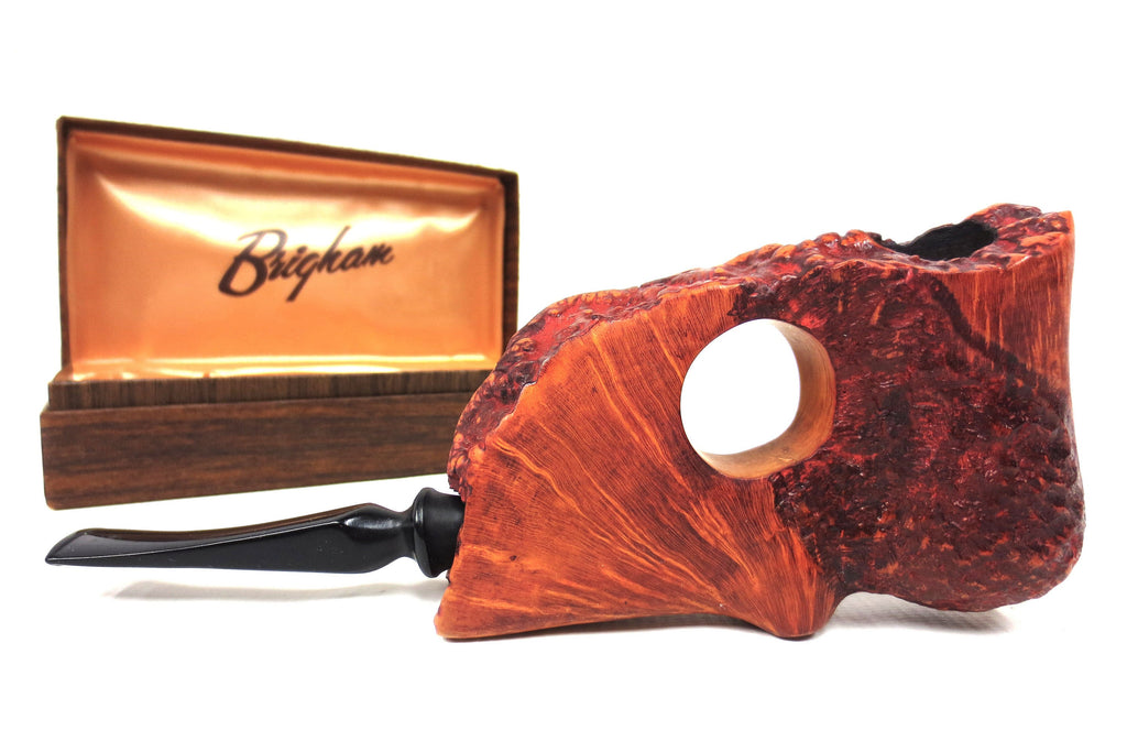 Large 7.5" Rustic Red Wood Tobacco Pipe Signed Brigham with Box, New Old Stock