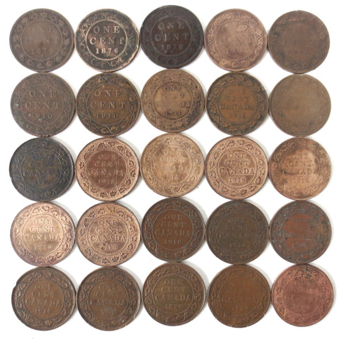 25 Coins Collection Lot of One 1 Cent Canada Coins 1876 1901 1903 1910 1911 1912