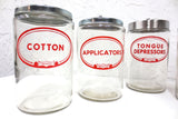 5 Vintage Glass Pharmacy Medical Supplies Jars by Merco, Bandages, Gauze, Cotton