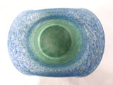 Vintage Vasart Monart Scotland Glass Bowl Vase, Green Blue, Hat Shape, Signed