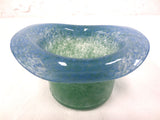 Vintage Vasart Monart Scotland Glass Bowl Vase, Green Blue, Hat Shape, Signed