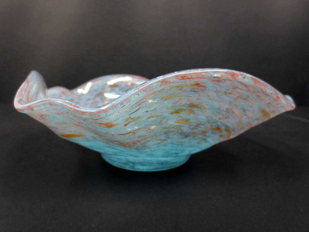Vintage Vasart Monart Scotland Glass Bowl, Flower Shape, Blue Red Twirl, Signed