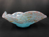 Vintage Vasart Monart Scotland Glass Bowl, Flower Shape, Blue Red Twirl, Signed