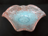 Vintage Vasart Monart Scotland Glass Bowl, Flower Shape, Blue Red Twirl, Signed
