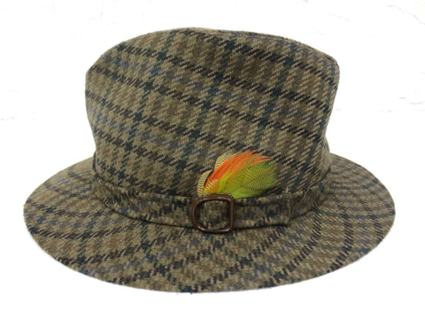 Vintage Green Wool Tweed Fedora, Biltmore Hat Made in Canada, Feathers, 6 7/8"